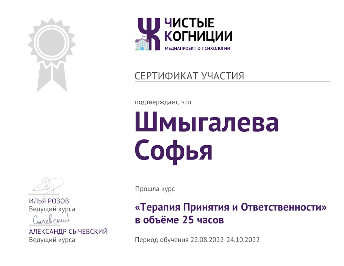 Сертификат — ACT: терапия принятия и ответственности, Чистые когниции